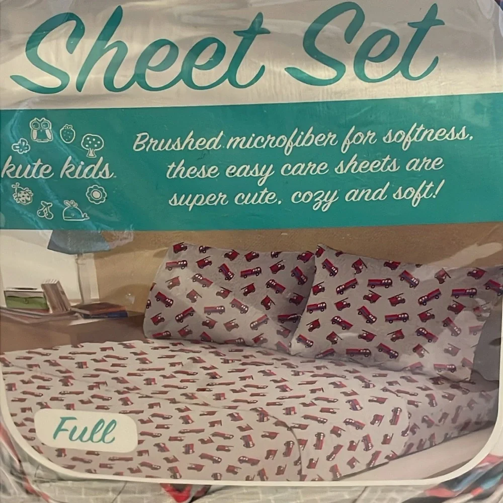 Kute Kids Fire Trucks Full Size Sheet Set Bedding, Easy Care Microfiber